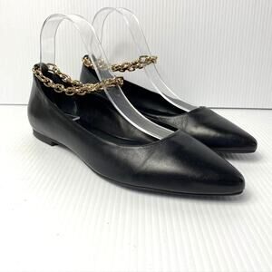Women's Antonio Melani Ankle Chain Strap Pointed Toe Flats Black Leather 7 M